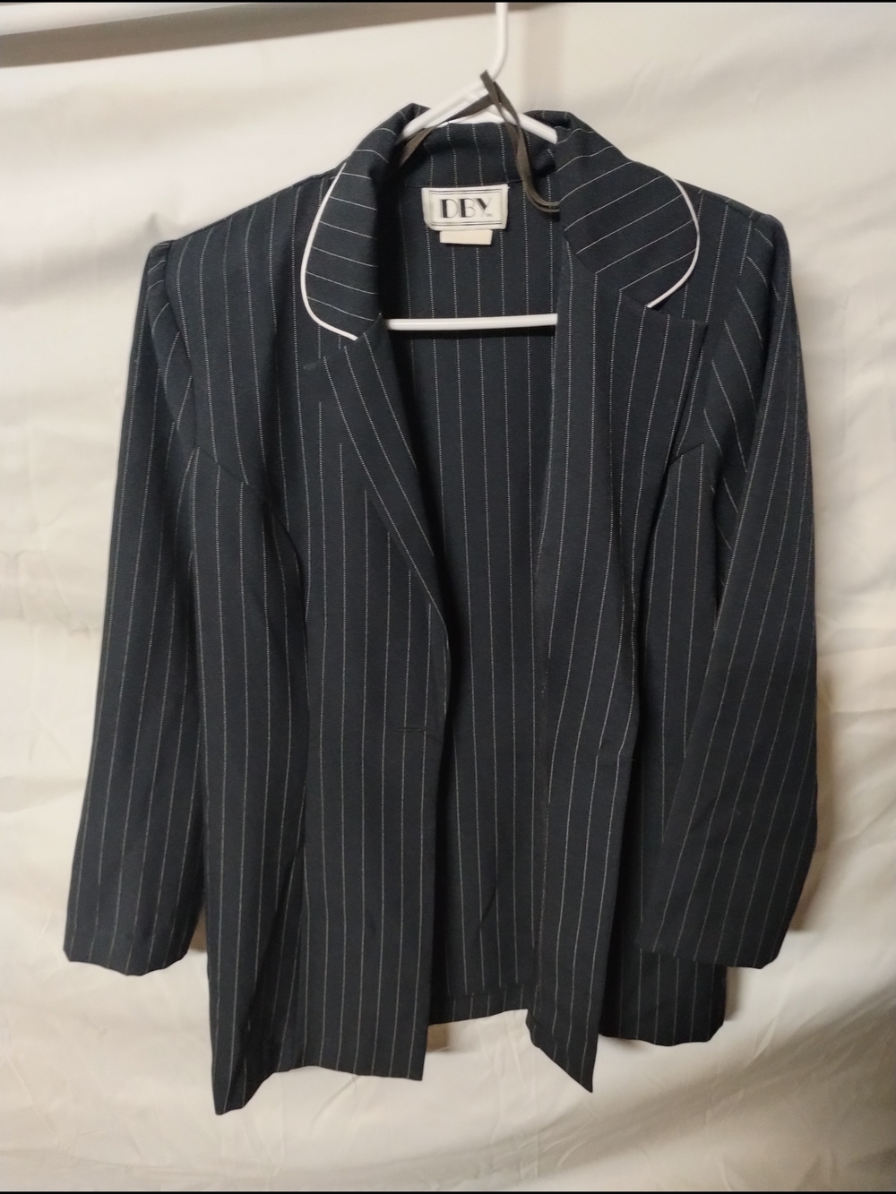 DEY Black Pinstripe Open-Front Blazer with Contrast Piping